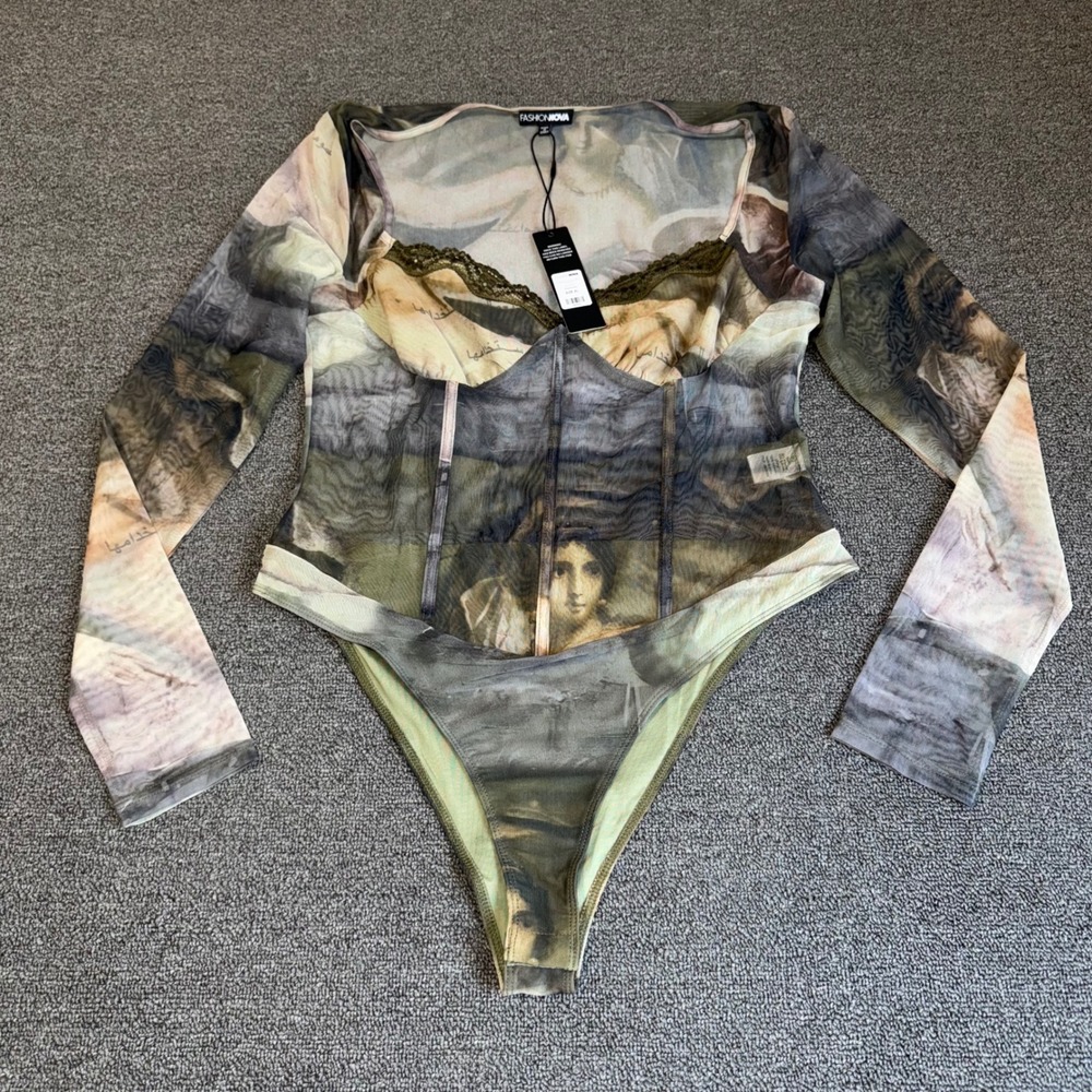 NWT Fashion Nova Midnight Fantasy Mesh Bodysuit Green Renaissance XL Streetwear